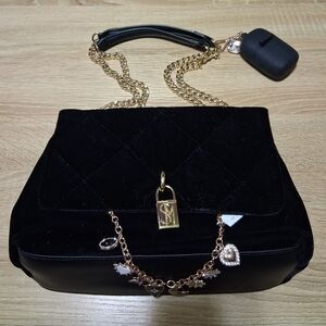 Steve Madden Black Quilted Shoulder Bag with Gold Accents and B&BW Keychain